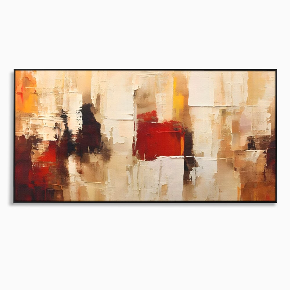Tablou canvas cu pictura abstracta cu pete de rosu si bej, in rama de aluminiu negru